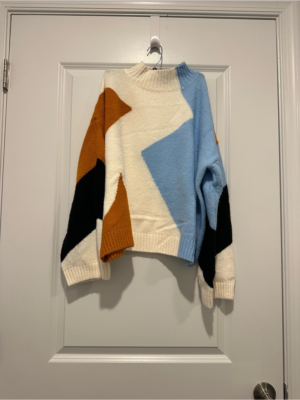 Abstract Colorblock Crewneck Sweater - Cream, Sky Blue, Brown & Black